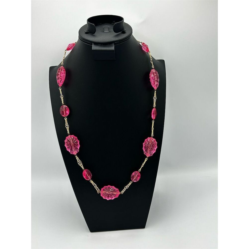 Vintage Hot Pink Faceted Bead Necklace Gold Tone Chain Women's Fashion